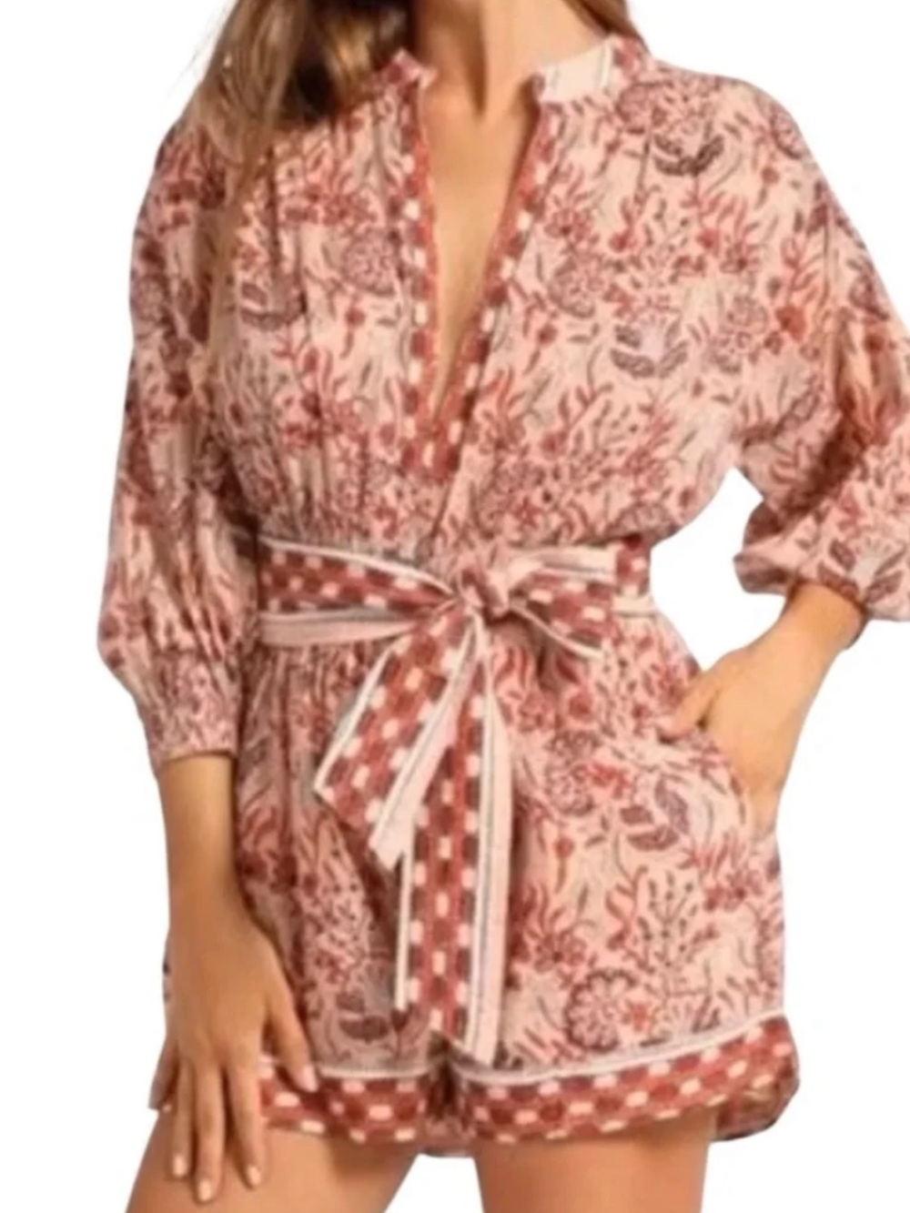 Cleobella Peach and Rust Floral Romper with Waist Sash